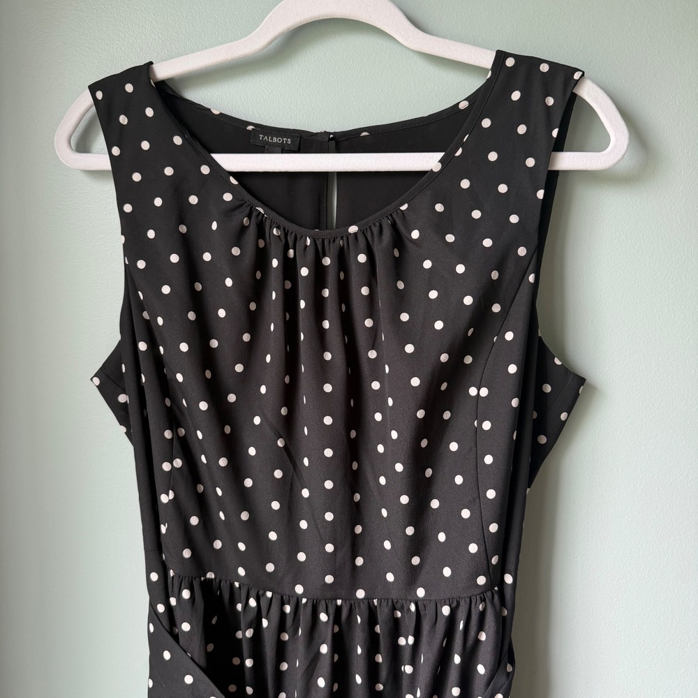 Talbots Sleeveless Dress Black White Polka Dot Sash Tie Belt Office Travel 12 - Picture 3 of 15